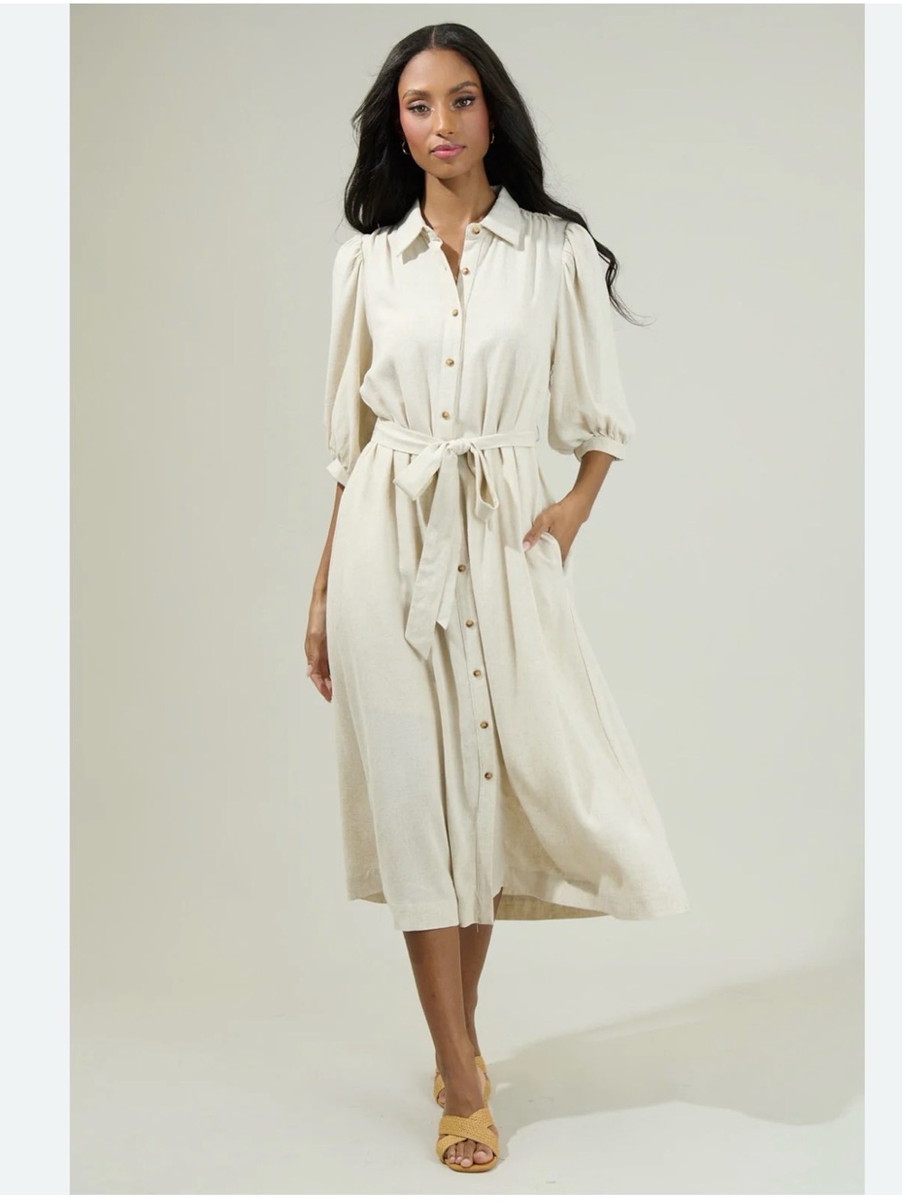 Sugarlips Cream Button-Front Midi Dress with Tie Waist